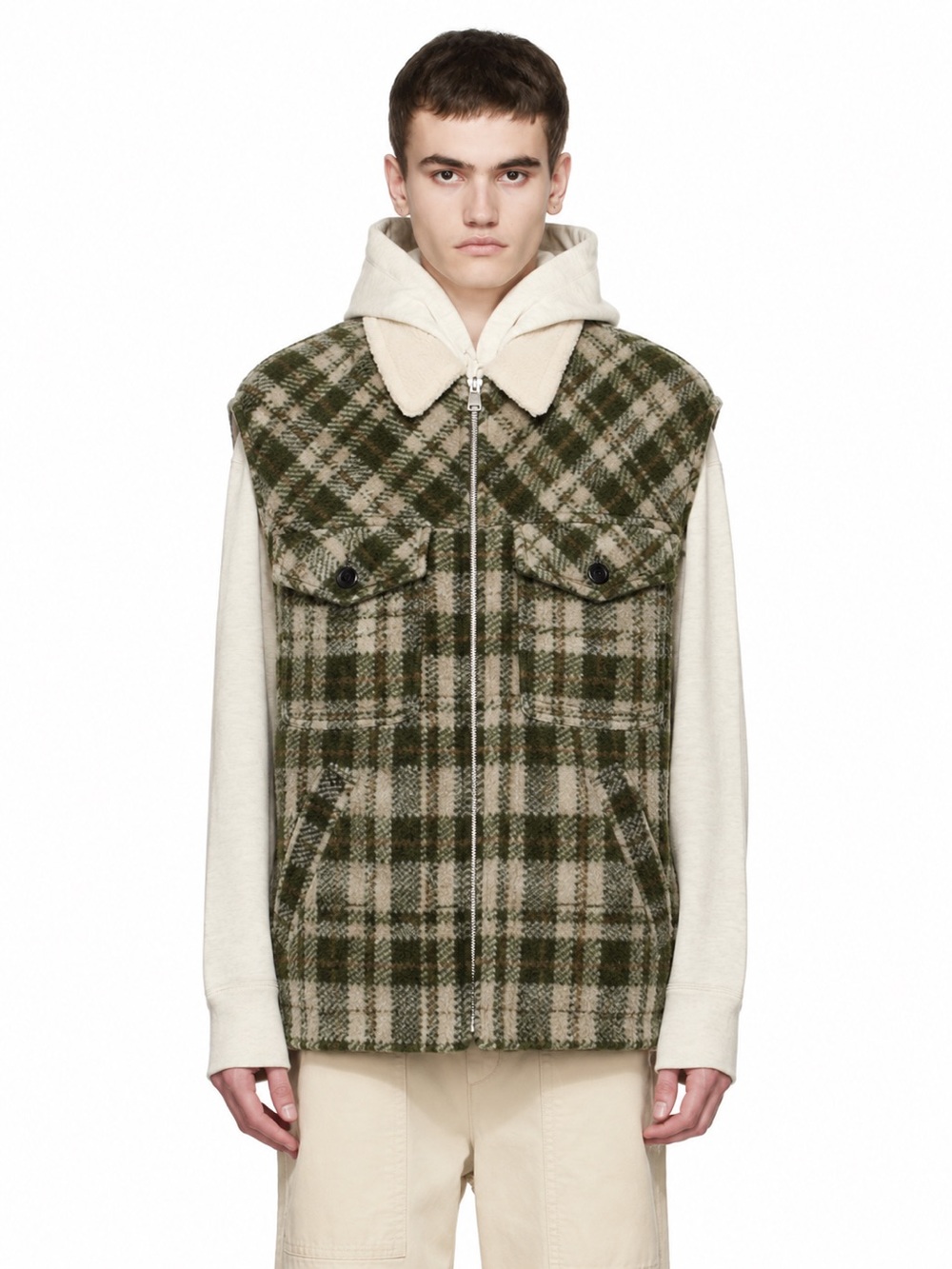 Isabel Marant Kiraneo Vest Khaki Ecru Plaid Sherpa Wool Blend NWT Men’s M